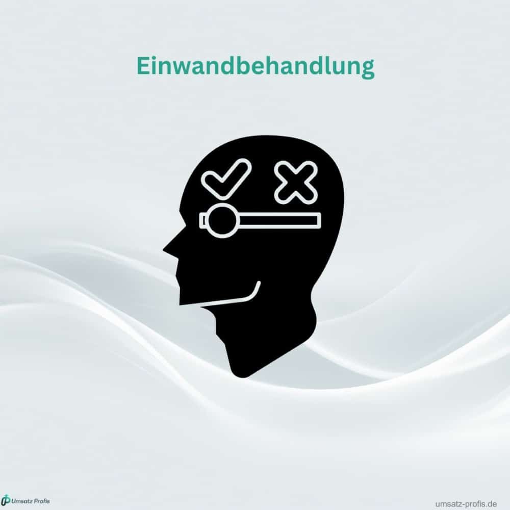 Silhouette eines menschlichen Schädels im Profil. Balken mit Haken und X darin. In Blau steht darüber: Einwandbehandlung. Logo UmsatzProfis unten links und links umsatz-profis.de unten rechts.