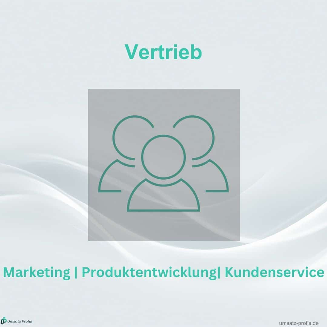 Grafik mit weißem Hintergrund, 4 blaue Figuren auf grauem transparentem Hintergrund, oben steht in Blau Vertrieb, und unten abgetrennt: Marketing | Produktentwicklung | Kundenservice. Links unten in der Ecke Umsatz-Profis-Logo, rechts unten Link umsatz-profis.de.