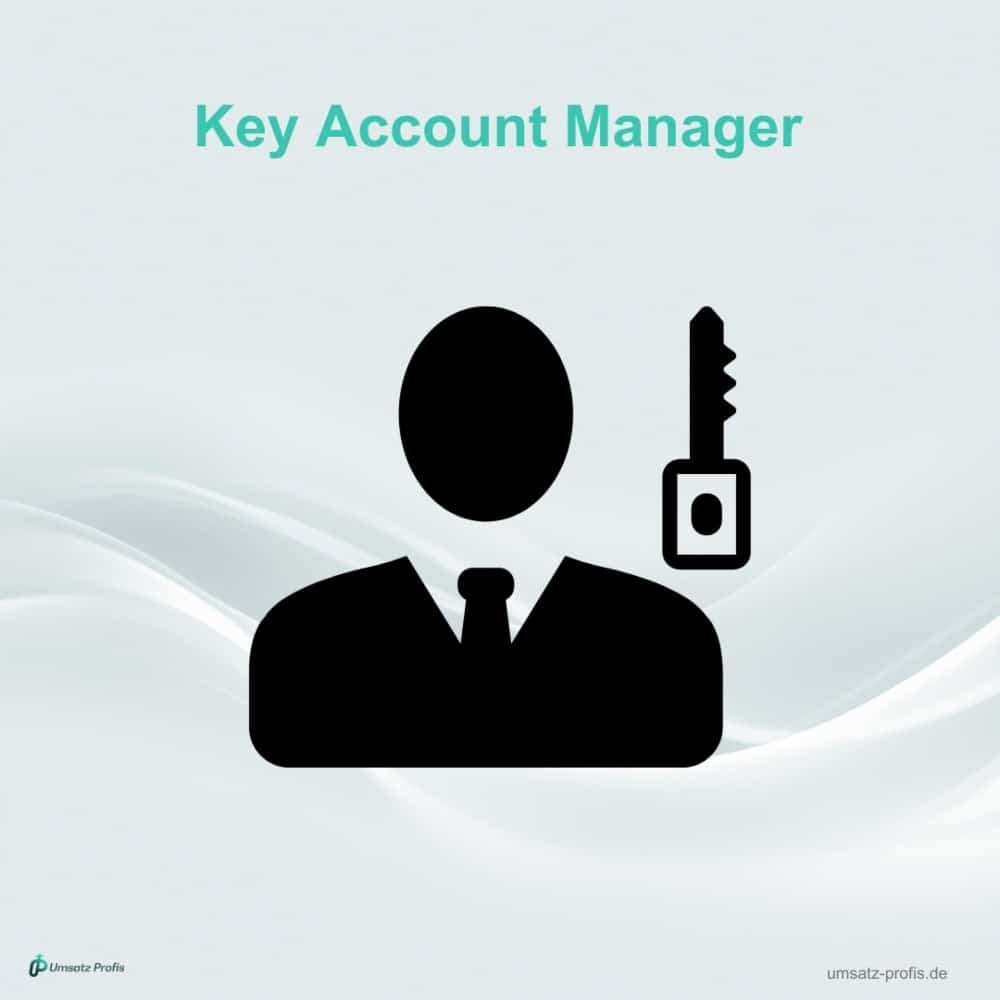 Schwarze Figur mit Schlüssel auf weißem Hintergrund, darüber Headline in Türkis: “Key Account Manager”. Links unten Logo Umsatz-Profis, rechts unten Link: umsatz-profis.de
