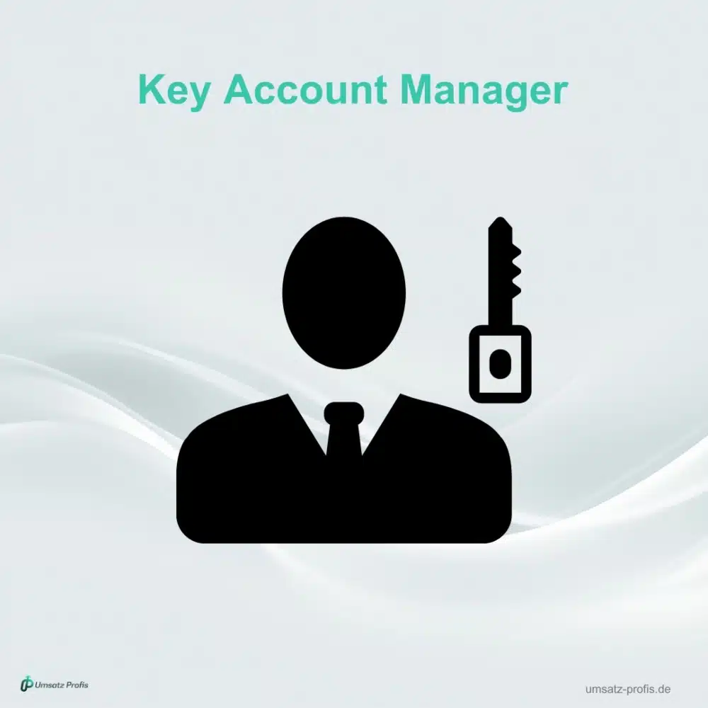 Schwarze Figur mit Schlüssel auf weißem Hintergrund, darüber Headline in Türkis: “Key Account Manager”. Links unten Logo Umsatz-Profis, rechts unten Link: umsatz-profis.de