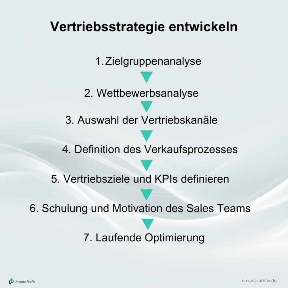 Weißer Hintergrund, Headline in Schwarz: Vertriebsstrategie entwickeln, darunter die 7 Schritte in Schwarz mit blauen Pfeilen dazwischen. Links unten Logo Umsatz-Profis, rechts unten Link: umsatz-profis.de.