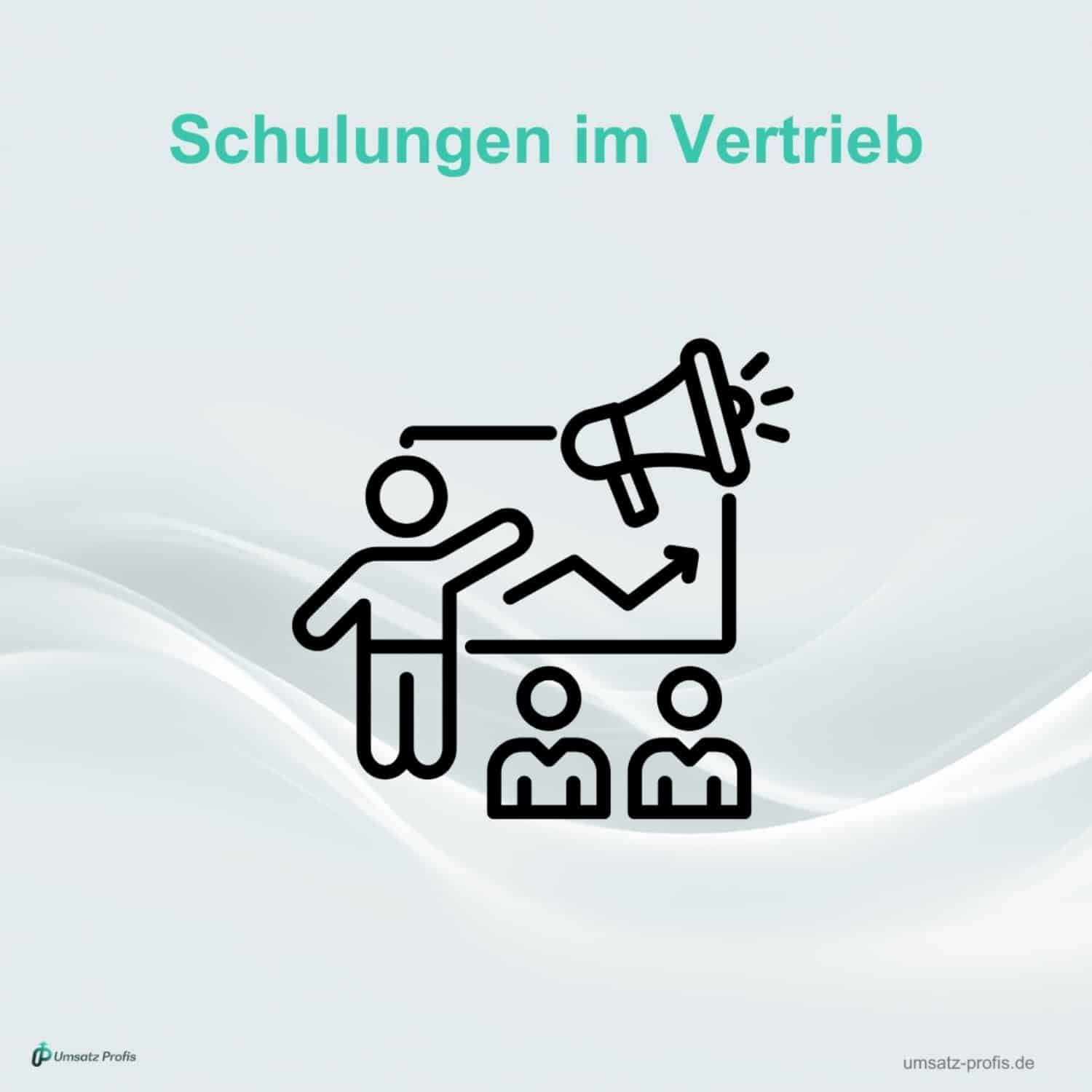 Weißer Hintergrund, in Blau Headline “Schulungen im Vertrieb”. Darunter in Schwarz grafische Darstellung mit drei Menschen und einer Tafel, Pfeil nach oben und einem Megafon. Links unten Logo Umsatz-Profis, rechts unten Link umsatz-profis.de