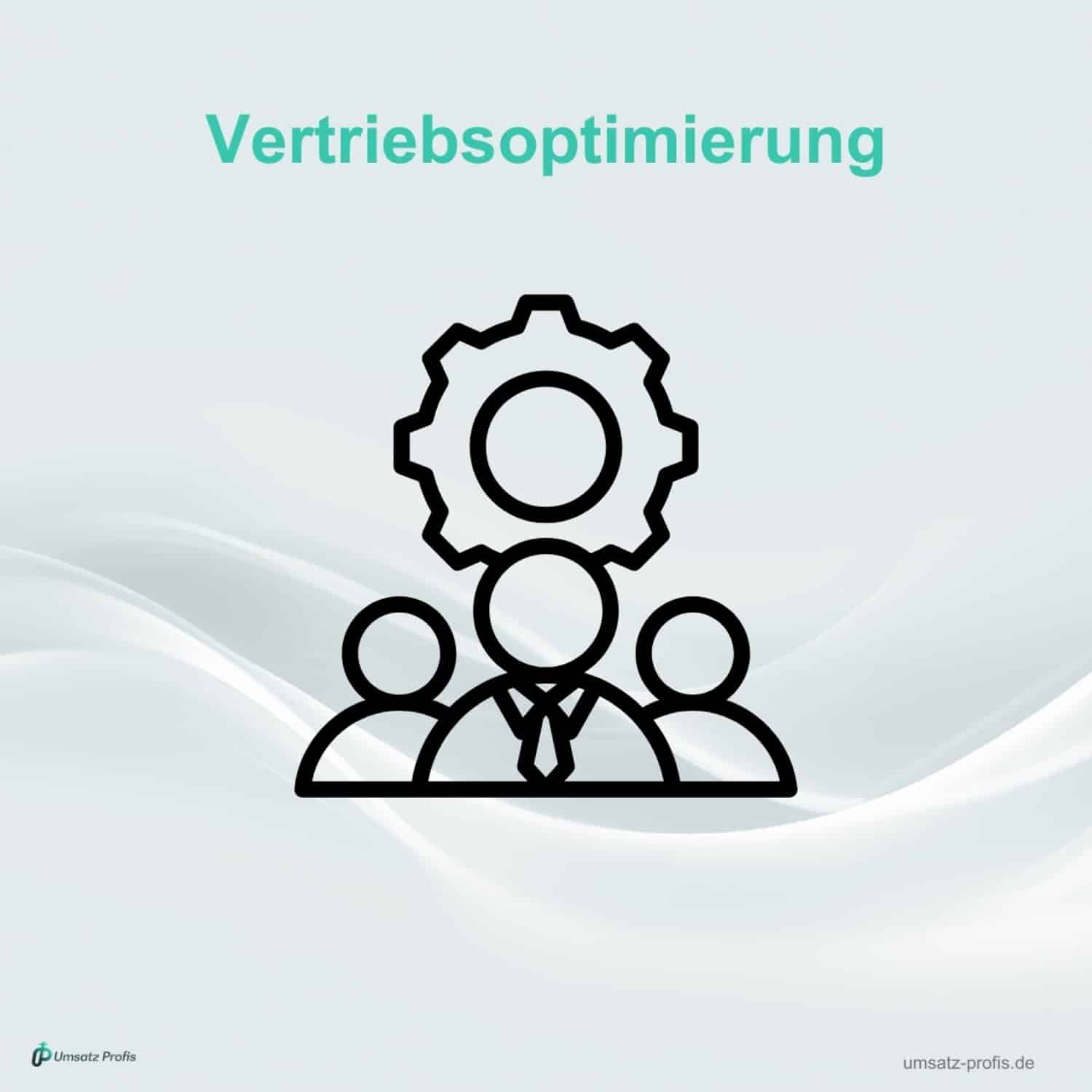 Weißer Hintergrund, Headline “Vertriebsoptimierung” in Blau. Darunter Grafik einer Person und darüber Zahnrad in Schwarz. Unten links Logo Umsatz-Profis, unten rechts Link umsatz-profis.de