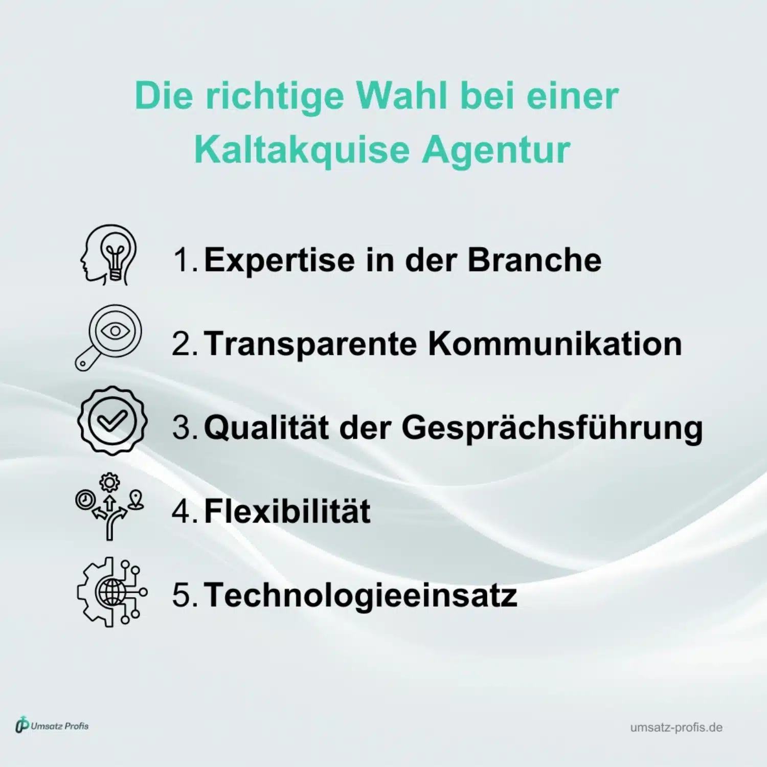 Weißer Hintergrund, Headline in Blau: Die richtige Wahl bei einer Kaltakquise-Agentur und darunter die Kriterien schriftlich und bildlich dargestellt. Logo Umsatz-Profis links unten, rechts unten Link: Umsatz-Profis.de