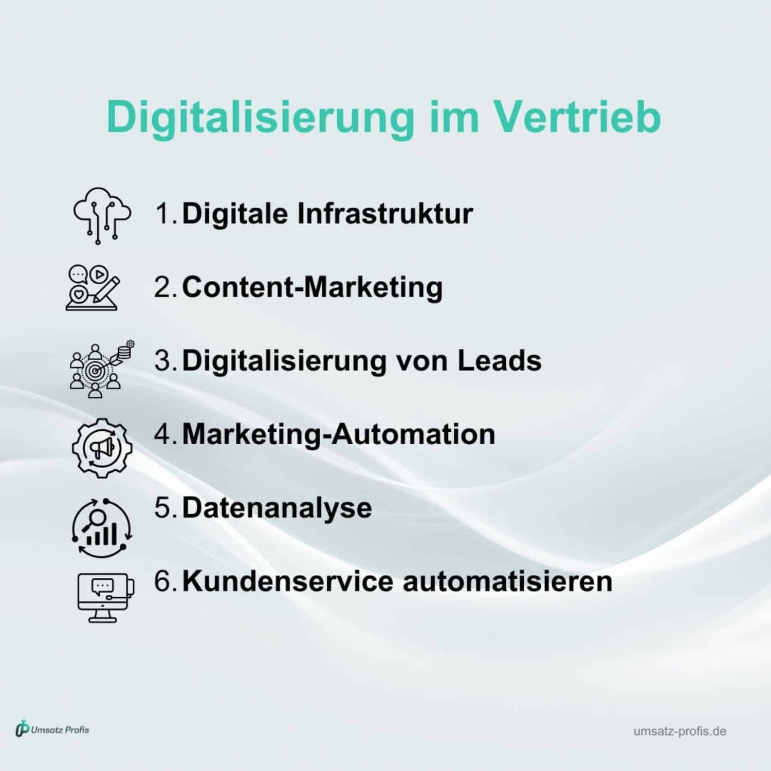 Weißer Hintergrund, Headline in Blau “Digitalisierung im Vertrieb”, darunter in Schwarz die Formen der Digitalisierung mit jeweiliger Grafik. Unten links Logo Umsatz-Profis, unten rechts Link umsatz-profis.de